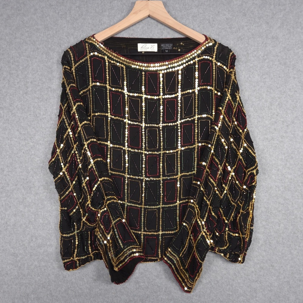 Vintage Rina Z Womens Size Medium Silk Black Gold Red Sequin Beaded Blouse Top